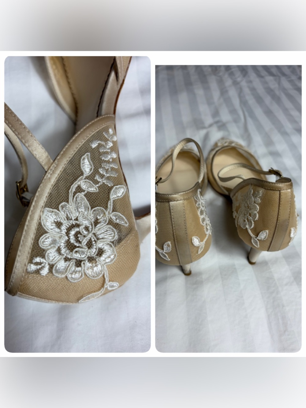 Bella Belle cream mesh embroidered floral leather kitten heel pumps size 8.5/ 39 - Picture 14 of 15